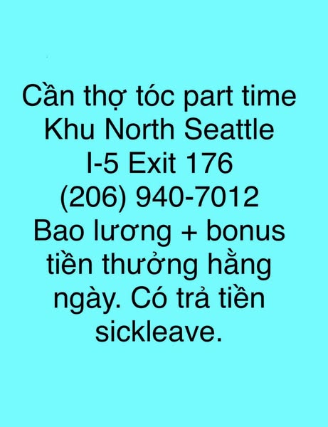 Tuyển Thợ Tóc Part-Time – North Seattle (I-5 Exit 176)